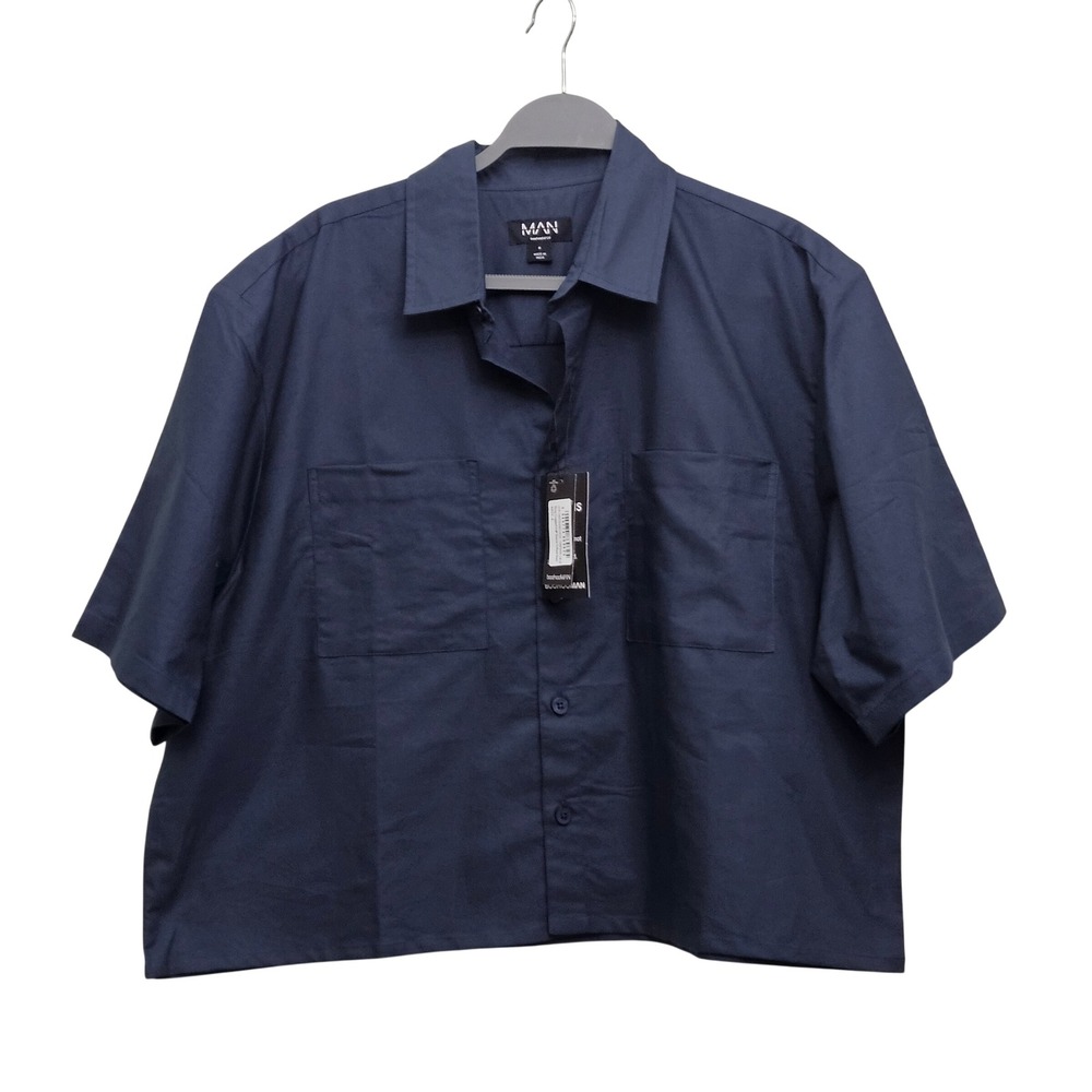 boohooMAN Button Up Shirt Mens S Navy Boxy Cropped Short Sleeve Oxford Pocket